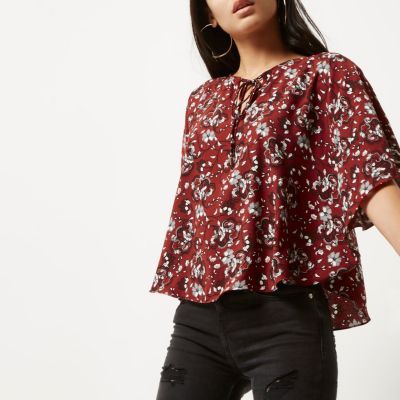 Red floral print poncho top